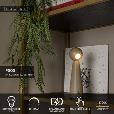 Lucide IPSOS - Oplaadbare Tafellamp - Accu/Batterij - LED Dimb. - 1x3W 2700K - Taupe
